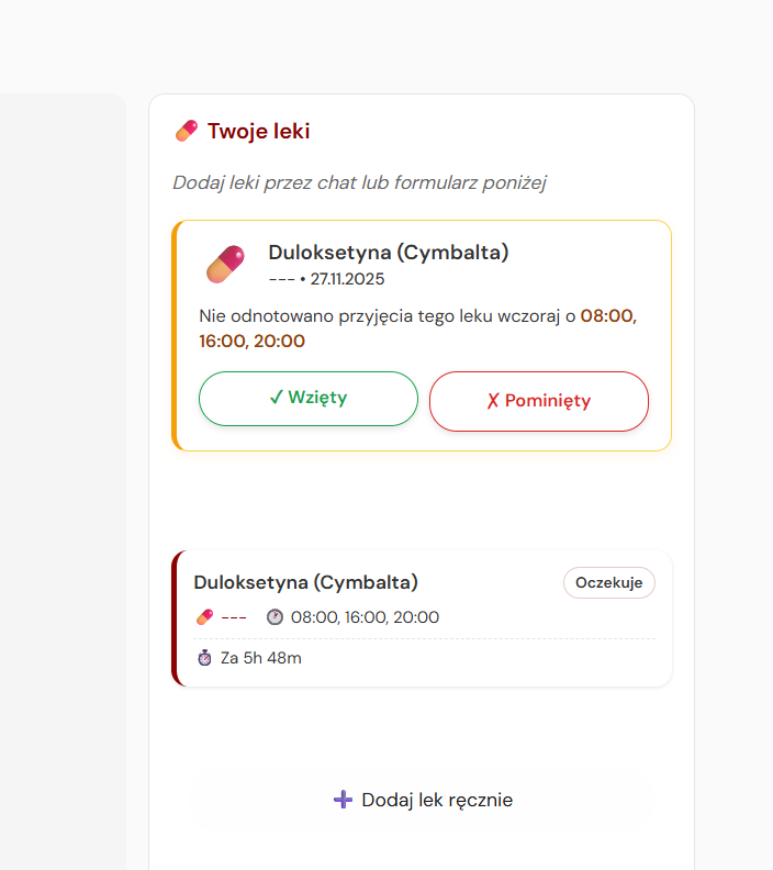 HelloFibro medication list with missed dose notification, schedule, and quick actions.